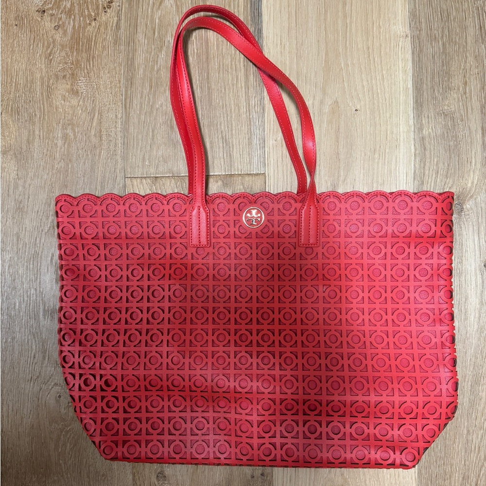 Red Tory Burch laser cut tote bag. 24”x12”x6”